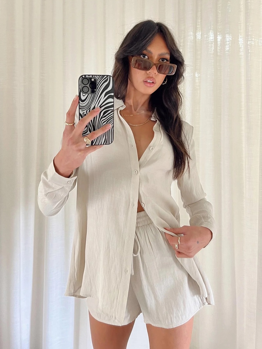Women's Cream Button-Up Lightweight Shirt and shorts set